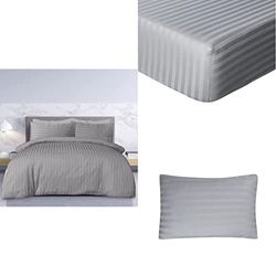 Sleepdown Satin Stripe - Luxury Complete Set - Duvet Cover Set, Pillowcases and Fitted Sheet - 100% Cotton, Easy Care, Super Soft - Grey - Double