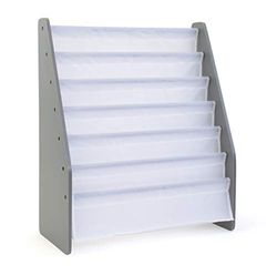 Humble Crew Inspire Extra-Large Wooden Bookshelf for Children, 6 Tier Book Storage Organiser with Deep Fabric Pockets, Forward Facing Book Display for Easy Identification - Grey/White