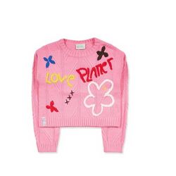 Tuc Tuc Jersey de Tricot, de Color Rosa con Letrero 'Love Planet' Amarillo y Rojo y Estampado de Flores para niña. Colección Natural Planet.