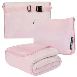 PAVILIA Travel Blanket and Pillow, Dual Zippers, Clip On Strap |Warm Soft Fleece 2-in-1 Combo Blanket Airplane, Camping, Car |Large Compact Blanket Set, Luggage Backpack Strap, 60 x 43 (Blush Pink)