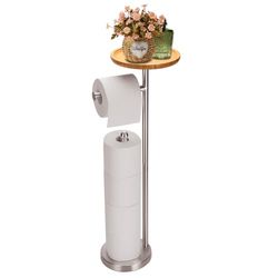 Supporto per carta igienica con vassoio grande in bambù da 20 cm, può contenere 5 rotoli, supporto per carta igienica da pavimento con ripiano per telefono, base in acciaio inossidabile resistente e