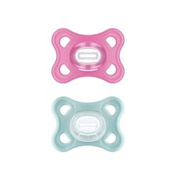 MAM Comfortabele fopspeen in set van 2, bijzonder kleine en lichte fopspeen voor pasgeborenen en baby's, van 100% siliconen, met zachte MAM SkinSoft zuignap en fopspeenbox, 3-12 maanden, roze