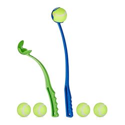 Relaxdays, Lanceur lot de 2, 5 balles de tennis inclues, pour chien, vert-bleu, 4,5 x 49 x 6,5 cm