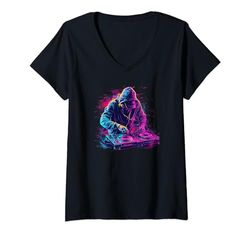 Mujer DJ en mesa de mezclas colorida, raver Camiseta Cuello V