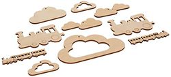 Rayher 63066505 Set of 6 Wooden Cloud and 4 Train Shapes for DIY Mobile Wall Hanging and Crafts, 10 Pieces, natural wood, 6-14cm