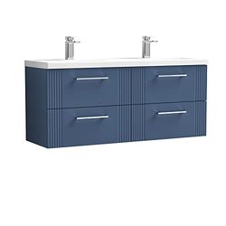 nuie Modern Bathroom Wall Hung 4 Drawer Part Fluted Vanity Unit with Twin Ceramic Basin, Satin Blue, 1200mm