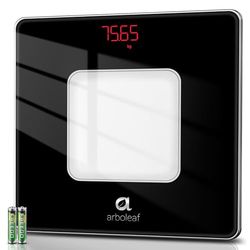 arboleaf Personenweegschaal, zeer nauwkeurige digitale weegschaal met step-on-technologie en helder led-display, weegschaal voor lichaamsgewicht van gehard glas, 180 kg, inclusief batterijen (zwart)