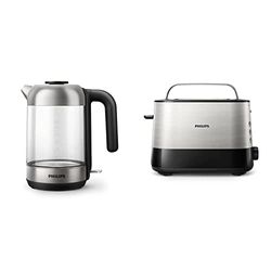 PHILIPS Bollitore Elettrico Hd9339/80 In Vetro Trasparente, Con Spia Luminosa Led Blu, Capacità 1,7 L & Hd2637/00 - Tostapane Con Fessura Ampia, 950 W Métal/Noir