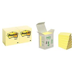 Post-it 654 Canary Yellow Notas Adhesivas Bloc notas, 100 hojas/bloc en packs de 12 blocs + 653-1B Pack de 6 notas recicladas, 38 x 51 mm, color amarillo