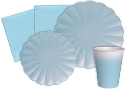 Party Tableware Set Flower Shape for 8 people (44 pcs: 8 plates Ø23cm, 8 plates Ø18cm, 8 cups 200ml, 20 napkins 33x33cm) in eco-friendly compostable paper, pastel sky blue