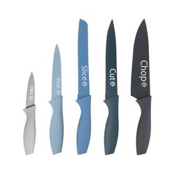 MasterChef Coltelli da Cucina, Collezione di Coltello Chef per Pane, Carne e Verdure, Acciaio Inox, Prova di Calore, Lavabile in Lavastoviglie, 5 Pezzi, Blu, Captions