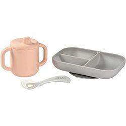 BÉABA, Set de Vajilla de Silicona para Comida de Bebé, Set de Aprendizaje, 3 piezas, Plato Compartimentado + Taza + Cuchara, Silicona Saludable y Duradera, Apto para Lavavajillas, Microondas, Rosa