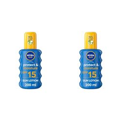 NIVEA SUN Protect & Moisture Sun Spray SPF 15 (200ml), Moisturising Suncream Spray with SPF 15, Highly Effective Sunscreen Providing Immediate, Effective UVA + UVB Protection (Pack of 2)