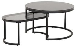 AC Design Furniture Spencer Salontafel Set van 2 voor de Woonkamer, Glazen Marmerlook, Tafel Met Metalen Frame, Koffietafel, Woonkamerset, Ronde Tafel, 12,8, Zwart/Zwart