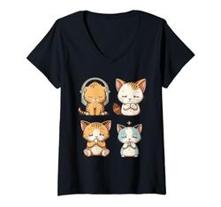 Mujer Meditar Gatito Santo Gato Mediador Fe Dios Religión Camiseta Cuello V
