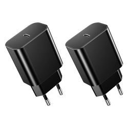 2-pack 20 W USB C-adapter, USB-C stekker compatibel met iPhone 16/15/14/13/12 Plus Pro Max Mini, AirPods iPad, Samsung Galaxy S24/23/22, voeding power oplader, stopcontact, snellader, oplader, zwart