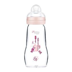 MAM Feel Good Gourde en verre pour bébé avec tétine Taille 1 à partir de la naissance Écureuil/oiseau 260 ml