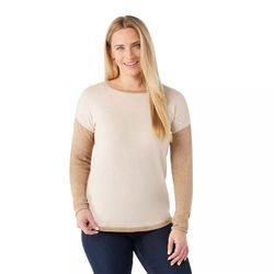 Smartwool Women's Shadow Pine Colorblock Sweater Sudadera para Mujer, Color Pino, Almond Heather, Small