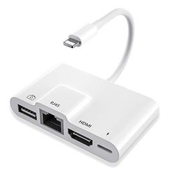 iPhone HDMI-adapter met iPhone USB OTG-adapter en iPhone RJ45 Ethernet LAN-adapter 4-in-1 iPhone digitale AV-OTG-ethernet-adapter met voeding, compatibel met iPhone 14 12/13/11/XS/XR/X/8/7/Pad