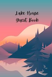Lake House Rental Guest Book Sign: Mountain Lake in Pink and Purple