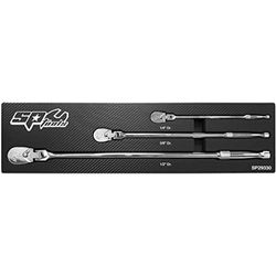 SP TOOLS - Juego de trinquetes largos 1/4'' 3/8'' 1/2" impermeables de cabeza flexible - 90 dientes - Trinquetes - Bujes - Accesorios - Cajas de zócalos - SP29330