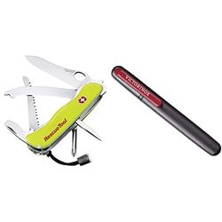 Victorinox Rescue Tool Couteau de Poche Suisse, Multitool, 13 Fonctions, Briseur de Vitres, Voir, Jaune & Aiguisoir Double pour Couteaux, Swiss Made, Portable, Noir/Rouge