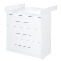 roba Commode Étroite Maren + Plan à Langer Amovible - 3 Tiroirs - Poignées Métalliques - Bois Blanc