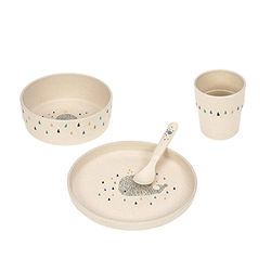LÄSSIG Set för barn (tallrik, kopp, skål, sked) utan melamin, BPA diskmaskin och mikrovågsugn/diskset lite vattenval, blå