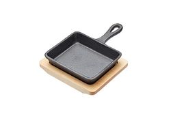 Artesà Mini Sartén con Tabla de Servir de Madera, Forma Rectangular, Hierro Fundido, Caja de Regalo Incluida, 12,5 x 10,5 cm - Negro/Beige