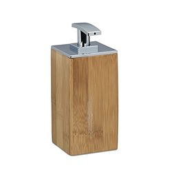 Relaxdays Tvåldispenser bambu, påfyllningsbar, fyrkantig, H x B x D: 17 x 7 x 7 cm, lotiondispenser, 225 ml, trä, natur