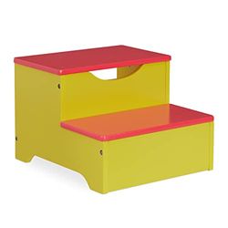 Relaxdays stegpall för barn, stegpall med 2 steg, 25 cm hög, badrum, MDF, barnstege för handfat, gul/röd