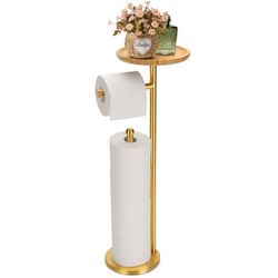 Soporte para Papel higiénico con Estante de bambú, Soporte Resistente para 5 Rollos de Papel higiénico, Base de Acero Inoxidable y Pesada, Color Dorado