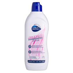 CARE+PROTECT Gel para lavavajillas Todo en Uno: desengrasante, abrillantador, sal, elimina olores. Superpotente sobre la grasa y la suciedad, también active en ciclos cortos. Hasta 37 lavados, 750 ml.