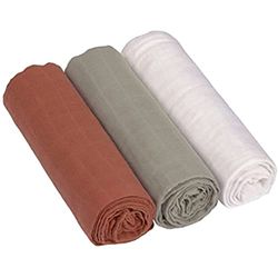 LÄSSIG Baby inbakerdeken, spuugdoek, 3-delige set, katoen, 85 x 85 cm, Swaddle & Burp Blanket L, roest/olijf/melkachtig