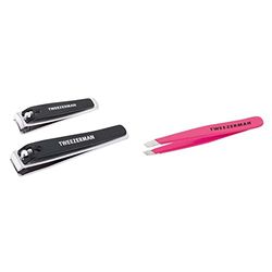 Tweezerman Stainless Steel Nail Clipper 2-Piece Set & Neon Pink Stainless Steel Mini Slant Tweezer