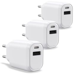 WAYTEX Set van 3 snelladers Dual USB-C en USB 30 W voor smartphone, tablet, laptop, 1 USB-C-poort + 1 USB-A-poort, QC 3.0 PD IC-chip voor veilig opladen en batterijbescherming