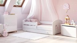Dmora - Lit d'enfant Opole, Couchette pour Chambre d'enfant, Ensemble de Chambre, Support de Matelas, 85x164 h63 cm, Blanc avec Licorne