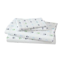 Beatrice Home Fashions Coastal Hotel Collection Onderhoudsvriendelijke polyester lakenset ankers blauw patroon marine, groene en zeeblauwe ankers op wit (KING)