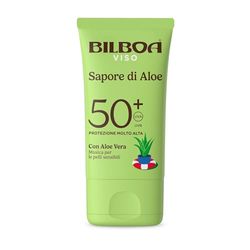 Bilboa Sapore di Aloe Crema Viso Solare SPF 50+, con Aloe Vera, Musica per le Pelli Sensibili, Resistente all'Acqua, Dermatologicamente Testato - 40 ml