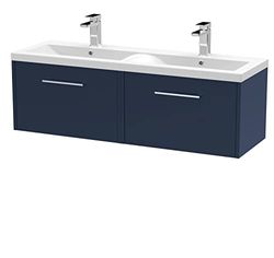 Hudson Reed JNU1722F Juno Modern Bathroom Wall Hung 2-Drawer Vanity with Ceramic Double Basin, 1200mm, Matt Electric Blue