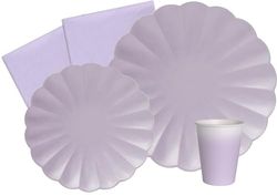 Ciao Feestservieset Flower Shape voor 8 personen (44 stuks: 8 borden Ø23cm, 8 borden Ø18cm, 8 kopjes 200ml, 20 servetten 33x33cm) in milieuvriendelijk composteerbaar papier, lavendelpaars violet