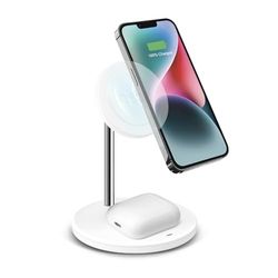 SBS Station de Charge sans Fil 2-en-1, Charge Rapide 15 W, Magsafe, Système de Détection Automatique (ADS), Design Minimal, Magnétique, Chargeur pour iPhone, Airpods, Samsung, Smartphone, Blanc