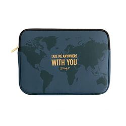 Mr. Wonderful Universal World Map on Navy Blue Background and Take Me Anywhere with You Typography Quilted and Reinforced with Zip