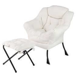 FANTASK Fauteuil met kruk, relaxstoel met armleuningen, relaxstoel en -ligstoelen, zijzak en voetensteun, loungestoel, televisiestoel, gevoerde oorfauteuil voor woonkamer, slaapkamer, kantoor (beige)