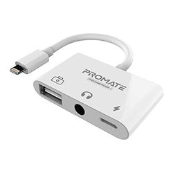 Promate MediaBridge-i, Adaptateur Lightning OTG 3-en-1, Adaptateur Lightning HUB vers USB OTG Femelle avec Interface de Charge et Prise Casque 3,5 mm pour périphériques à connecteur iLightning