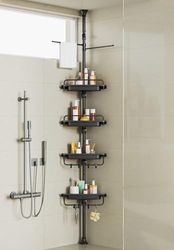 XLHOMO Étagère de Douche d'angle sur Poteau Extensible de 81 à 310 cm, antirouille et sans perçage, Organiseur réglable avec 4 étagères brevetées Stables et Porte-Serviettes, Noir