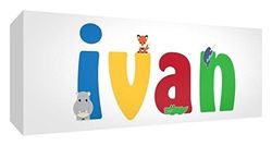 Little Helper LHV-IVAN-1542-15IT Canvas voor Kinderkamer met Voorpaneel, Gepersonaliseerd Ontwerp met de naam van Jongens Ivan, Veelkleurig, 15 x 42 x 4 cm