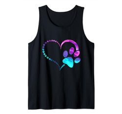 Púrpura, verde azulado, azul, huella de perro, diseño de patas, corazón, amantes de los perros Camiseta sin Mangas