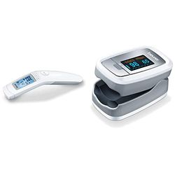 Thermomètre clinique Beurer FT 90, thermomètre clinique infrarouge numérique sans contact, avec pile & PO 30 - Oxymètre de pouls digital, 61 x 36 x 32 mm, 57 gr, blanc et argent