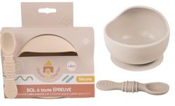 DORON & CHARLIE - Bol Ventouse Avec Cuillière 2 en 1 - Repas Enfant - 056752 - Beige - Silicone - 350 ml - Compatible Micro Onde - Machine à Laver - Facile à Nettoyer - Bol Bébé - À Partir de 4 mois